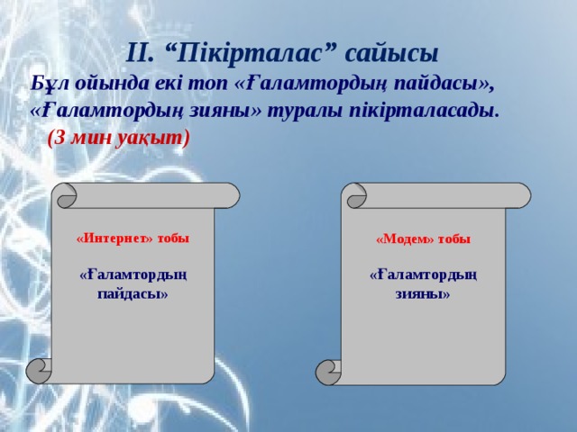 ІІ. “Пікірталас” сайысы Бұл ойында екі топ «Ғаламтордың пайдасы», «Ғаламтордың зияны» туралы пікірталасады. (3 мин уақыт) «Интернет» тобы «Модем» тобы «Ғаламтордың пайдасы» «Ғаламтордың зияны»
