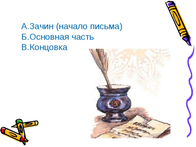 А.Зачин (начало письма) Б.Основная часть В.Концовка А.Зачин (начало письма) Б.Основная часть В.Концовка  