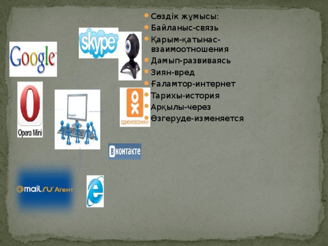 Сөздік жұмысы: Байланыс-связь Қарым-қатынас-взаимоотношения Дамып-развиваясь Зиян-вред Ғаламтор-интернет Тарихы-история Арқылы-через Өзгеруде-изменяется 
