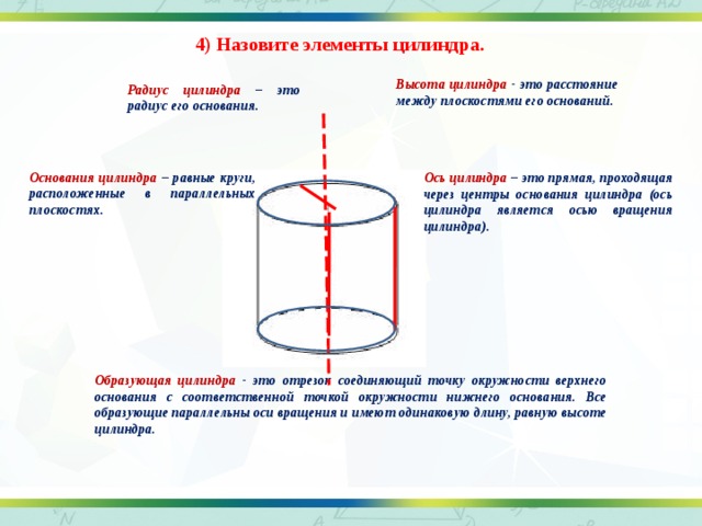 4) Назовите элементы цилиндра. Высота цилиндра - это расстояние между плоскостями его оснований. Радиус цилиндра – это радиус его основания. Основания цилиндра – равные круги, расположенные в параллельных плоскостях. Ось цилиндра – это прямая, проходящая через центры основания цилиндра (ось цилиндра является осью вращения цилиндра). Образующая цилиндра - это отрезок соединяющий точку окружности верхнего основания с соответственной точкой окружности нижнего основания. Все образующие параллельны оси вращения и имеют одинаковую длину, равную высоте цилиндра. 