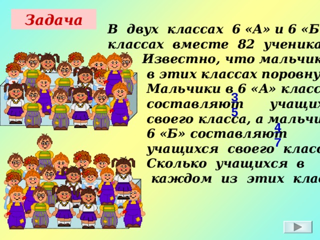 Задача В двух классах 6 «А» и 6 «Б» классах вместе 82 ученика.  Известно, что мальчиков  в этих классах поровну.  Мальчики в 6 «А» классе  составляют учащихся  своего класса, а мальчики  6 «Б» составляют  учащихся своего класса  Сколько учащихся в  каждом из этих классов. 3 5 4 7 