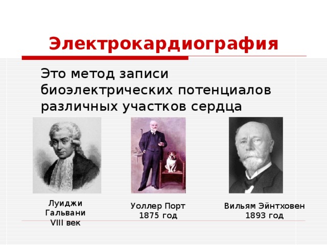 Электрокардиография  Это метод записи биоэлектрических потенциалов различных участков сердца Луиджи Гальвани VIII век Уоллер Порт 1875 год Вильям Эйнтховен 1893 год 