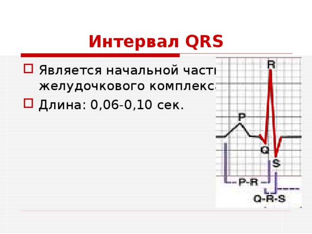 Интервал QRS Является начальной частью желудочкового комплекса. Длина: 0,06-0,10 сек. 