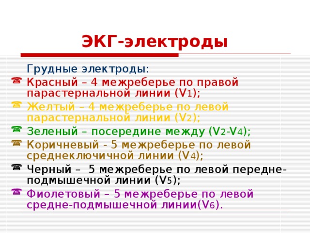 ЭКГ-электроды  Грудные электроды: Красный – 4 межреберье по правой парастернальной линии (V 1 ); Желтый – 4 межреберье по левой парастернальной линии (V 2 ); Зеленый – посередине между (V 2 -V 4 ); Коричневый - 5 межреберье по левой среднеключичной линии (V 4 ); Черный – 5 межреберье по левой передне-подмышечной линии (V 5 ); Фиолетовый – 5 межреберье по левой средне-подмышечной линии(V 6 ). 