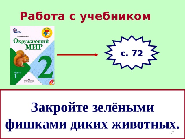 Работа с учебником с. 72 Закройте зелёными фишками диких животных.  