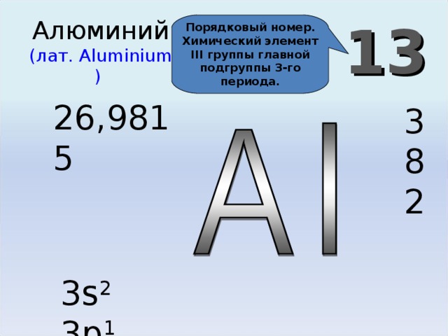 13 Алюминий  (лат. Aluminium )  Порядковый номер. Химический элемент III группы главной подгруппы 3-го периода. 26,9815 3 8 2 3 s 2 3p 1  