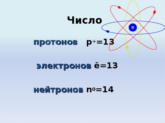 Число протонов   p + =1 3   электронов ē=1 3   нейтронов  n 0 = 14 