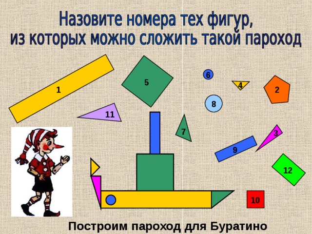 6 5 4 1 2 8 11 7 3 А 9 Г 12 Б Е Д 10 В Ж Построим пароход для Буратино 