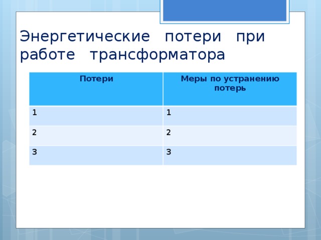 Энергетические потери при работе трансформатора Потери Меры по устранению потерь 1 1 2 2 3 3 