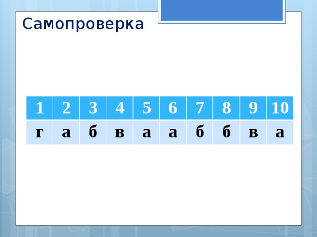 Самопроверка 1 2 г а 3 4 б в 5 6 а а 7 б 8 б 9 10 в а 