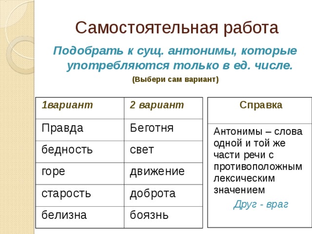 Самостоятельная работа Подобрать к сущ. антонимы, которые употребляются только в ед. числе. (Выбери сам вариант)  Справка 1вариант Антонимы – слова одной и той же части речи с противоположным лексическим значением Друг - враг 2 вариант Правда Беготня бедность свет горе движение старость доброта белизна боязнь