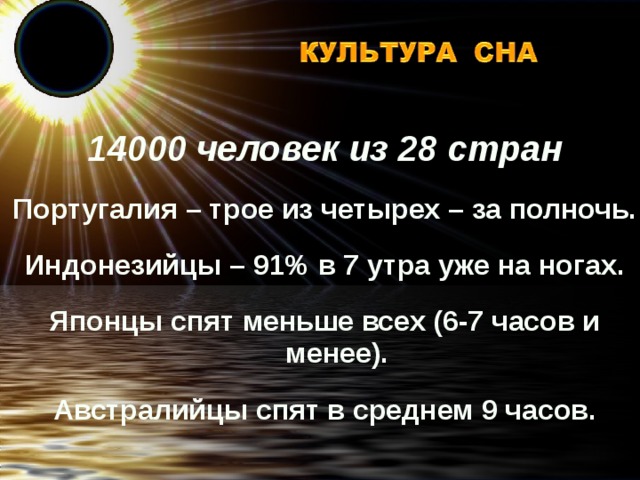 14000 человек из 28 стран Португалия – трое из четырех – за полночь. Индонезийцы – 91% в 7 утра уже на ногах. Японцы спят меньше всех (6-7 часов и менее). Австралийцы спят в среднем 9 часов. 