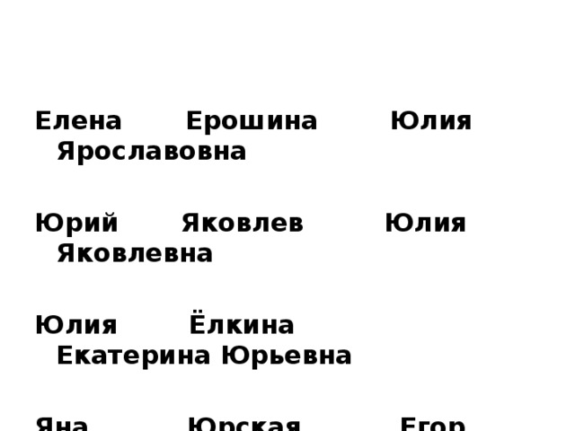 Елена Ерошина Юлия Ярославовна  Юрий Яковлев Юлия Яковлевна  Юлия Ёлкина Екатерина Юрьевна  Яна Юрская Егор Юльевич 