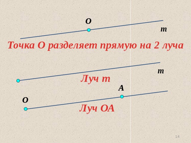 О m Точка О разделяет прямую на 2 луча m  Луч т А О Луч ОА 13 14 