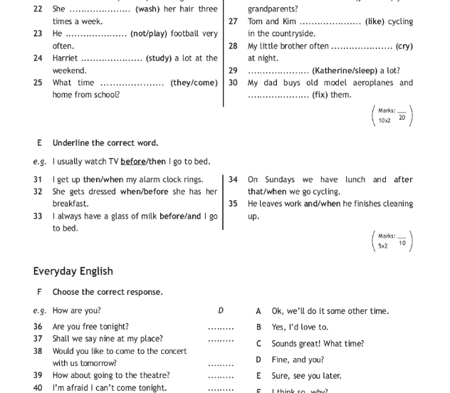 Everyday english choose the correct response. Test4a. PROQUI-Test 4. Underline the correct Word i get up then/when my Alarm Clock Rings.