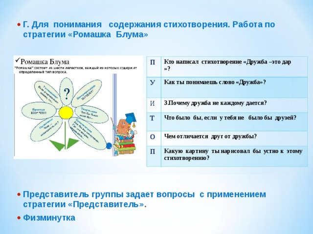 Г. Для понимания содержания стихотворения. Работа по стратегии «Ромашка Блума»          Представитель группы задает вопросы с применением стратегии «Представитель» . Физминутка П Кто написал стихотворение «Дружба –это дар »? У Как ты понимаешь слово «Дружба»? И 3.Почему дружба не каждому дается? Т Что было бы, если у тебя не было бы друзей? О Чем отличается друг от дружбы? П Какую картину ты нарисовал бы устно к этому стихотворению? 