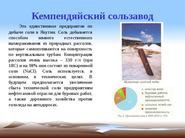 Кемпендяйский сользавод  Это единственное предприятие по добыче соли в Якутии. Соль добывается способом зимнего естественного вымораживания из природных рассолов, которые самоизливаются на поверхность по вертикальным трубам. Концентрация рассолов очень высока – 330 г/л (при 18С) и на 98% они состоят из поваренной соли ( NaCl ). Соль используется, в основном, в технических целях. В будущем предполагается увеличение сбыта технической соли предприятиям нефтегазовой отрасли для буровых работ, а также дорожного хозяйства против гололеда на автодорогах. 