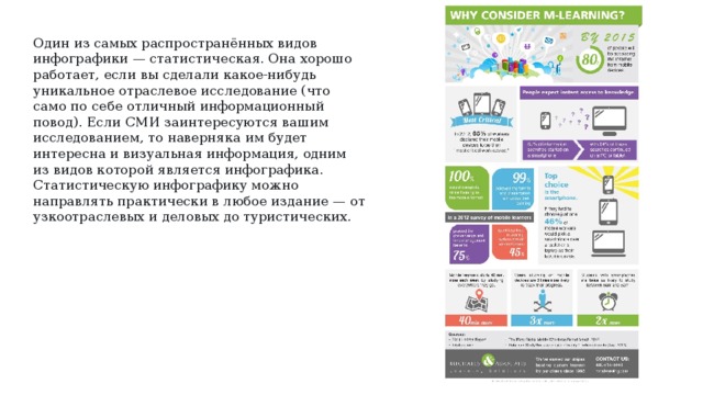 Один из самых распространённых видов инфографики — статистическая. Она хорошо работает, если вы сделали какое-нибудь уникальное отраслевое исследование (что само по себе отличный информационный повод). Если СМИ заинтересуются вашим исследованием, то наверняка им будет интересна и визуальная информация, одним из видов которой является инфографика. Статистическую инфографику можно направлять практически в любое издание — от узкоотраслевых и деловых до туристических. 