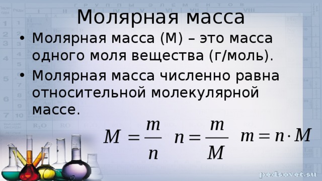 Молярная масса Молярная масса (М) – это масса одного моля вещества (г/моль). Молярная масса численно равна относительной молекулярной массе. 