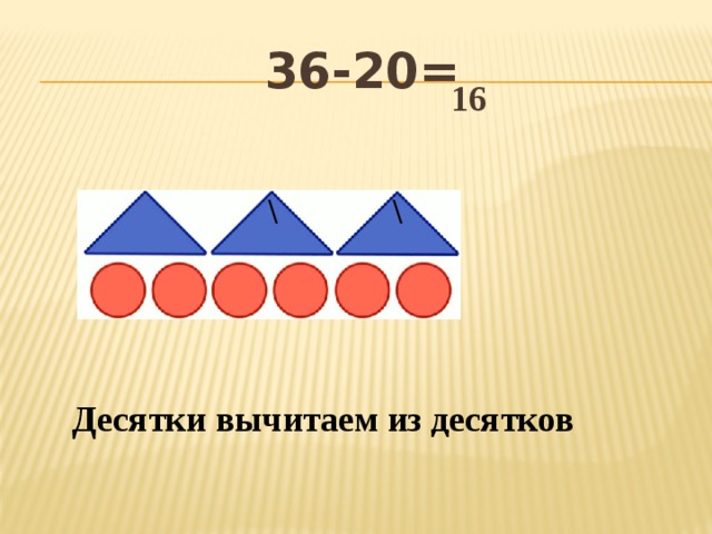 36-20= 16 \ \ Десятки вычитаем из десятков 