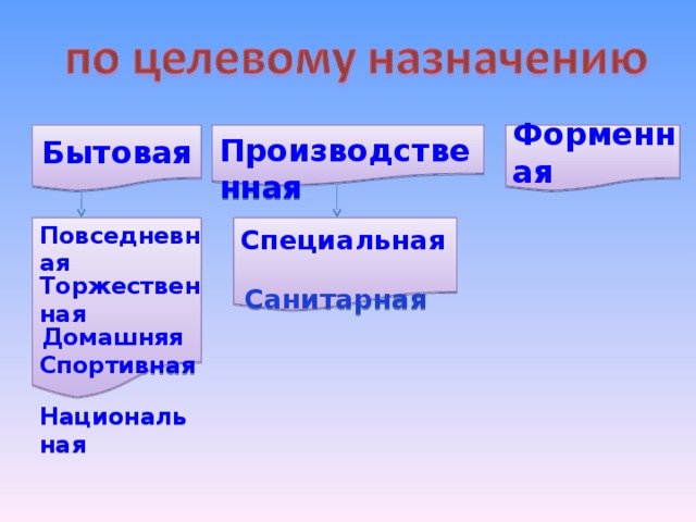 Бытовая  Производственная Форменная  Повседневная Торжественная Специальная Домашняя Санитарная Спортивная Национальная 