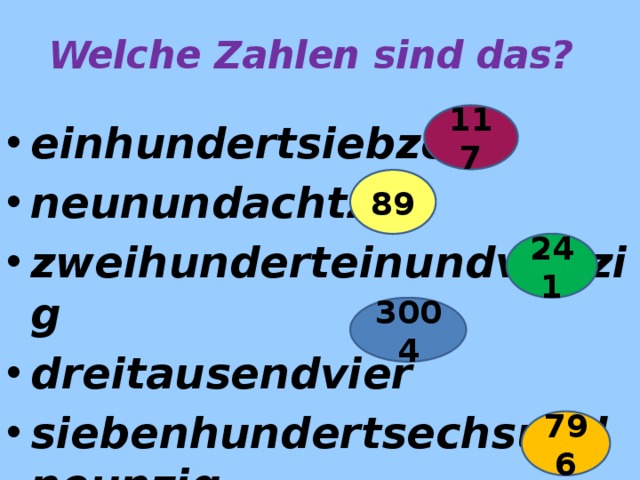 Welche Zahlen sind das? 117 einhundertsiebzehn neunundachtzig zweihunderteinundvierzig dreitausendvier siebenhundertsechsundneunzig 89 241 3004 796 