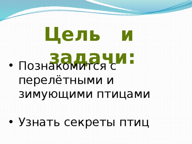 Цель и задачи: Познакомится с перелётными и зимующими птицами Узнать секреты птиц 