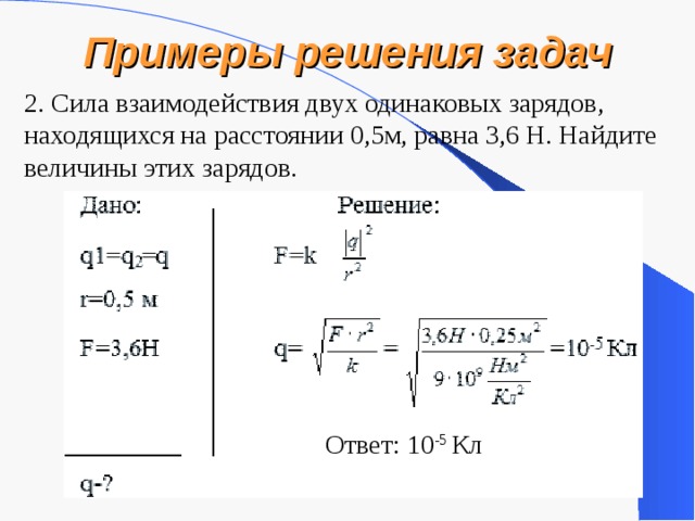 Примеры решения задач 2. Сила взаимодействия двух одинаковых зарядов, находящихся на расстоянии 0,5м, равна 3,6 Н. Найдите величины этих зарядов. Ответ: 10 -5 Кл 