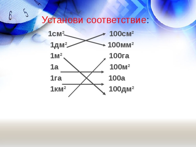 Установи соответствие : 1см² 100см²  1дм² 100мм²  1м² 100га  1а 100м²  1га 100а  1км² 100дм²  