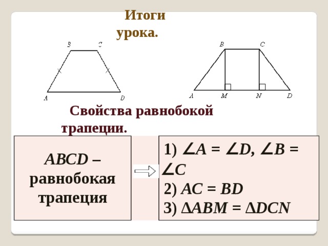 Итоги урока. Свойства равнобокой трапеции. АВСD –  равнобокая трапеция 1)  ∠ А = ∠ D , ∠ В = ∠ С 2) АС = ВD 3) ∆АВМ = ∆DСN 