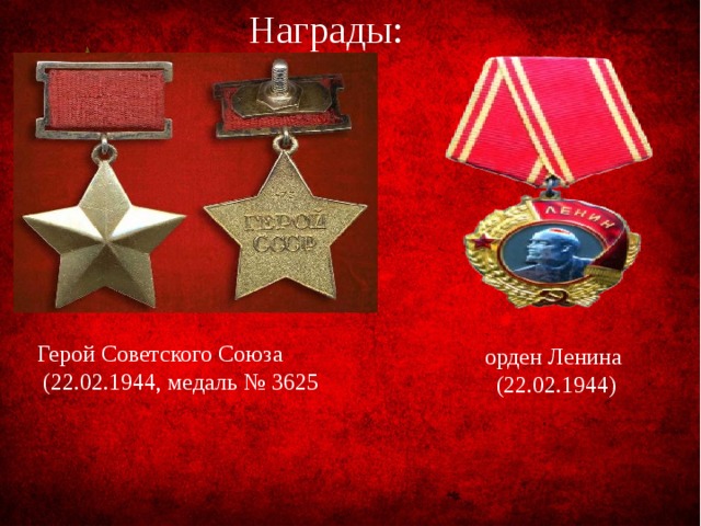 Награды: Герой Советского Союза  (22.02.1944, медаль № 3625 орден Ленина  (22.02.1944) 