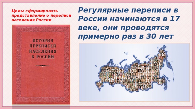 Цель: сформировать представление о переписи населения России Регулярные переписи в России начинаются в 17 веке, они проводятся примерно раз в 30 лет