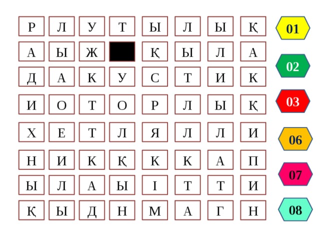 У Ы Л 01 Қ Т Р Ы Л Ж Ы А Қ А Ы Л 02 Д У С К А Т К И 03 И Қ О Ы О Л Р Т Е И Х Т Я Л Л Л 06 К К П И А Қ К Н 07 Л А Ы Ы Т І Т И 08 Д Ы Қ Н Н М Г А 