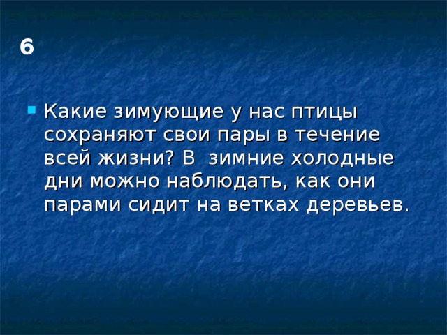 6 Какие зимующие у нас птицы сохраняют свои пары в течение всей жизни? В зимние холодные дни можно наблюдать, как они парами сидит на ветках деревьев. 