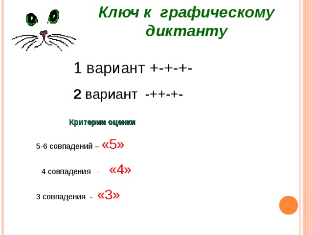 Ключ к графическому диктанту 1 вариант +-+-+- 2 вариант -++-+-  Критерии оценки  5-6 совпадений – «5»  4 совпадения - «4»  3 совпадения - «3» 