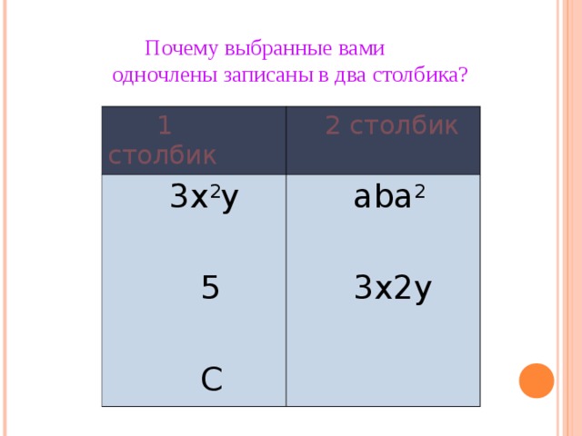  Почему выбранные вами одночлены записаны в два столбика?  1 столбик  2 столбик  3x 2 y  5  C    aba 2  3x2y 