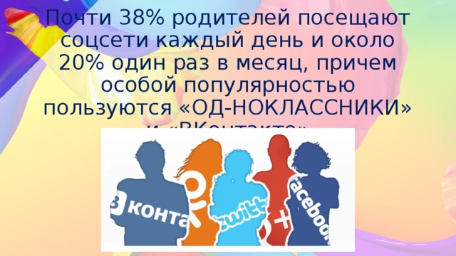 Почти 38% родителей посещают соцсети каждый день и около 20% один раз в месяц, причем особой популярностью пользуются «ОД-НОКЛАССНИКИ» и «ВКонтакте» 