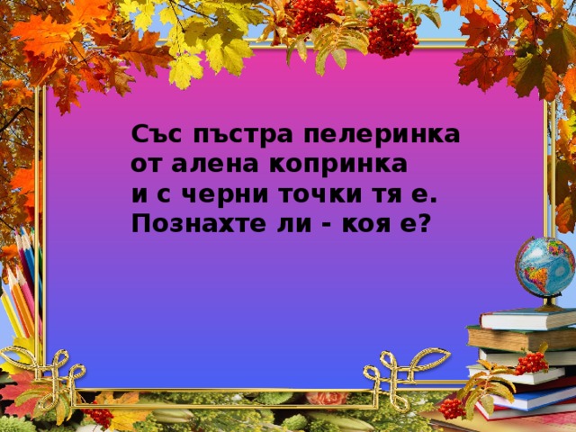 Със пъстра пелеринка  от алена копринка  и с черни точки тя е.  Познахте ли - коя е?  