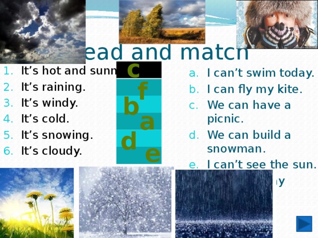 Read and match c I can’t swim today. I can fly my kite. We can have a picnic. We can build a snowman. I can’t see the sun. We can’t play football. It’s hot and sunny. It’s raining. It’s windy. It’s cold. It’s snowing. It’s cloudy. f b a d e 