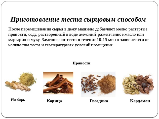 Приготовление теста сырцовым способом После перемешивания сырья в дежу машины добавляют мелко растертые пряности, соду, раство­ренный в воде аммоний, размягченное масло или маргарин и муку. Замешивают тесто в течение 10-15 мин в зависимости от количе­ства теста и температурных условий помещения.   Пряности  Корица Гвоздика Кардамон  Имбирь  