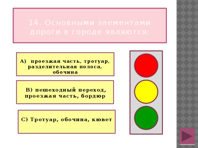  14. Основными элементами дороги в городе являются:  А) проезжая часть, тротуар, разделительная полоса, обочина    В) пешеходный переход, проезжая часть, бордюр   С) Тротуар, обочина, кювет 