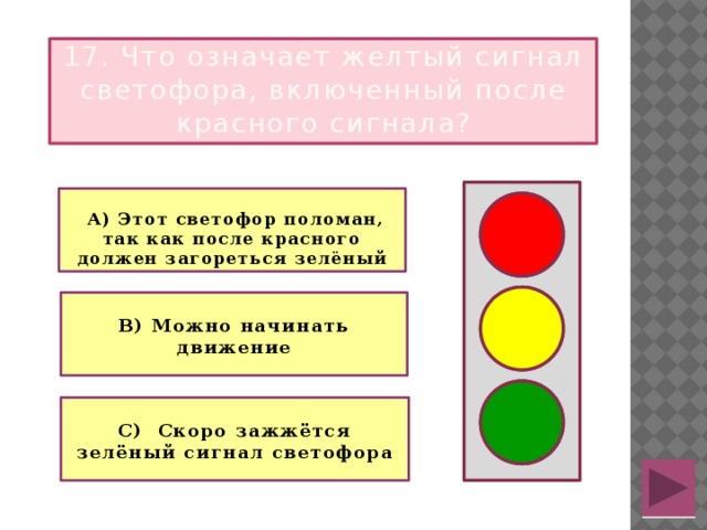 17. Что означает желтый сигнал светофора, включенный после красного сигнала?   А) Этот светофор поломан, так как после красного должен загореться зелёный   В) Можно начинать движение  С) Скоро зажжётся зелёный сигнал светофора 