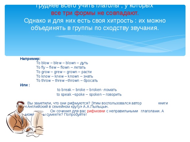 Труднее всего учить глаголы , у которых  все три формы не совпадают.  Однако и для них есть своя хитрость : их можно объединять в группы по сходству звучания.   Например:  To blow – blew – blown – дуть  To fly – flew – flown – летать  To grow – grew – grown – расти  To know – knew – known – знать  To throw – threw –thrown – бросать Или :  to break – broke – broken -ломать  to speak –spoke – spoken – говорить  Вы заметили, что они рифмуются? Этим воспользовался автор   книги «Английский в семейном кругу» А.А.Пыльцын.  Он сочинил для вас рифмовки с неправильными    глаголами. А может и вы сумеете? Попробуйте! 
