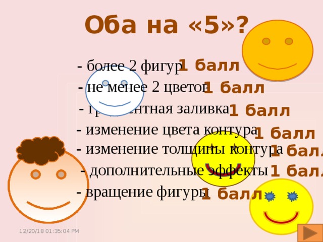 Оба на «5»? - более 2 фигур 1 балл - не менее 2 цветов 1 балл - градиентная заливка 1 балл - изменение цвета контура - изменение толщины контура 1 балл 1 балл - дополнительные эффекты 1 балл - вращение фигуры 1 балл 12/20/18  01:35:05 PM 