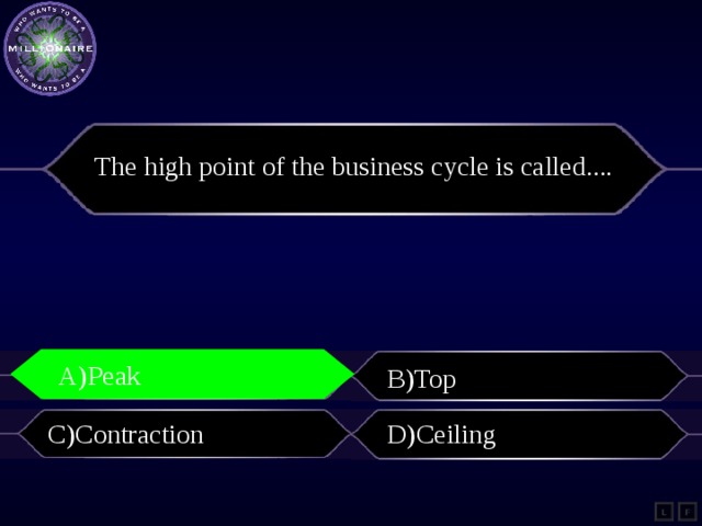 The high point of the business cycle is called.... A)Peak A)Peak B)Top C)Contraction D)Ceiling L F