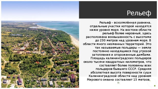 Рельеф  Рельеф - всхолмлённая равнина, отдельные участки которой находятся ниже уровня моря. На востоке области рельеф более неровный, здесь расположена возвышенность с высотами до 230 метров над уровнем моря. В области много низменных территорий. Это так называемые польдеры — земли постоянно находящиеся под угрозой затопления и огороженные дамбами. Площадь калининградских польдеров около тысячи квадратных километров, что составляет более половины всех польдеров бывшего СССР. Средняя абсолютная высота поверхности суши Калининградской области над уровнем Мирового океана составляет 15 метров. 