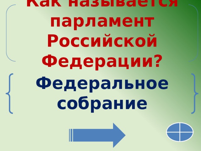 Как называется парламент Российской Федерации? Федеральное собрание 