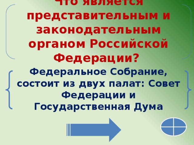 Что является представительным и законодательным органом Российской Федерации?  Федеральное Собрание, состоит из двух палат: Совет Федерации и Государственная Дума 