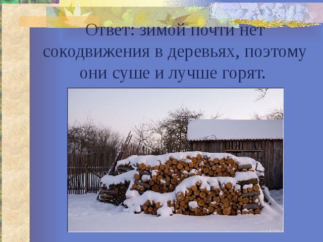 Ответ: зимой почти нет сокодвижения в деревьях, поэтому они суше и лучше горят. 