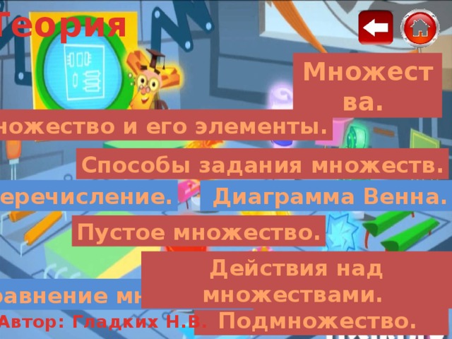 Теория Множества.  Множество и его элементы. Способы задания множеств.  Диаграмма Венна. Перечисление. Пустое множество. Действия над множествами.  Сравнение множеств. Подмножество.  Автор: Гладких Н.В. 
